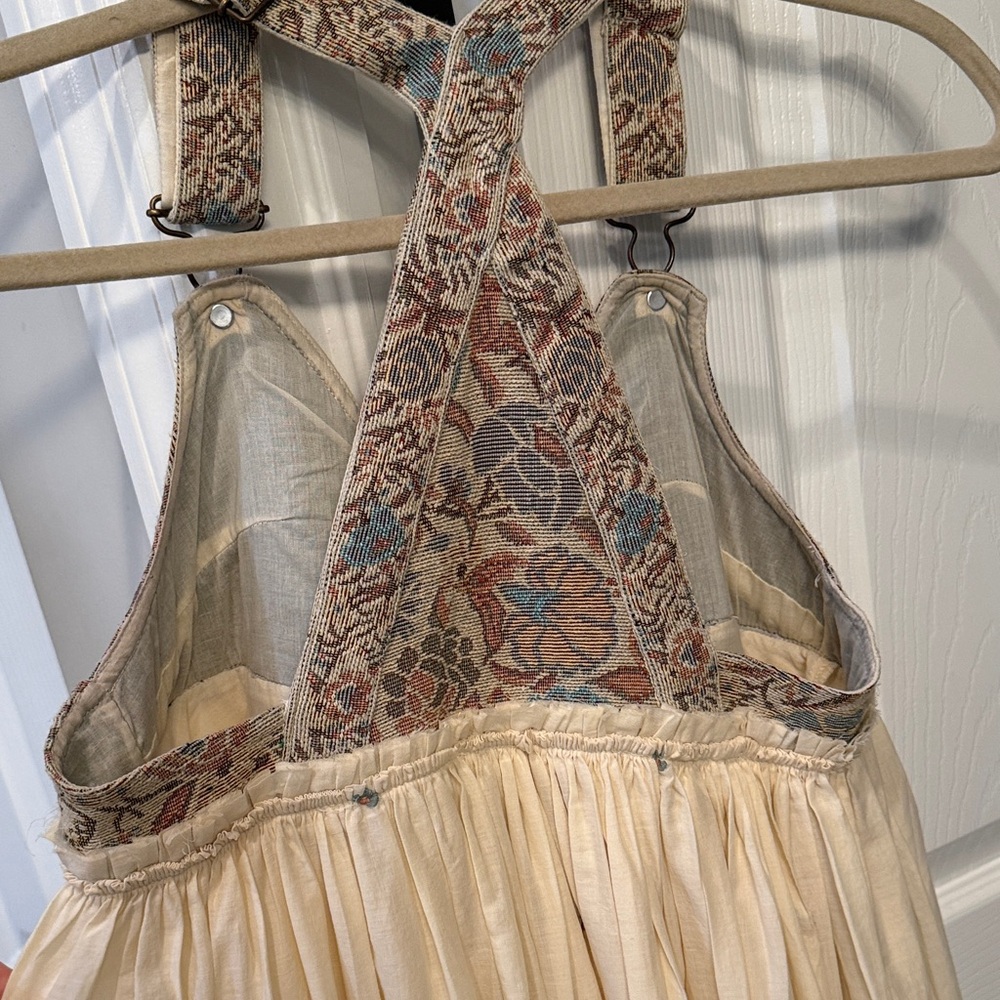 Bohemian Cream Maxi Dress with embroidered overalls bib. - Picture 2 of 6